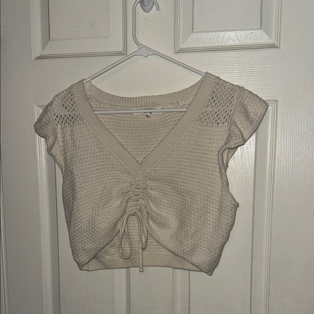 Ruched V-Neck Crochet Crop Top in Cream